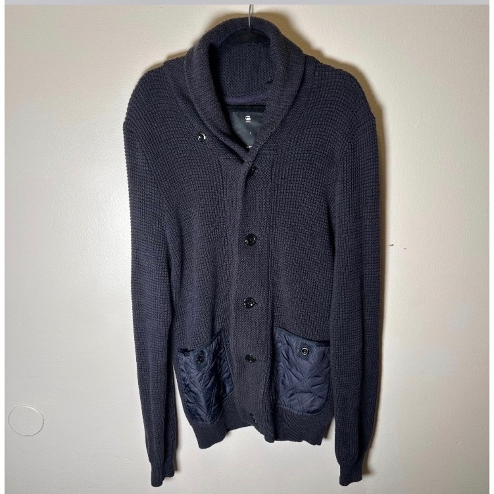 G-Star Raw Mens Avihu Shawl Cardigan Sweater Navy Blue Waffle Knit L/S